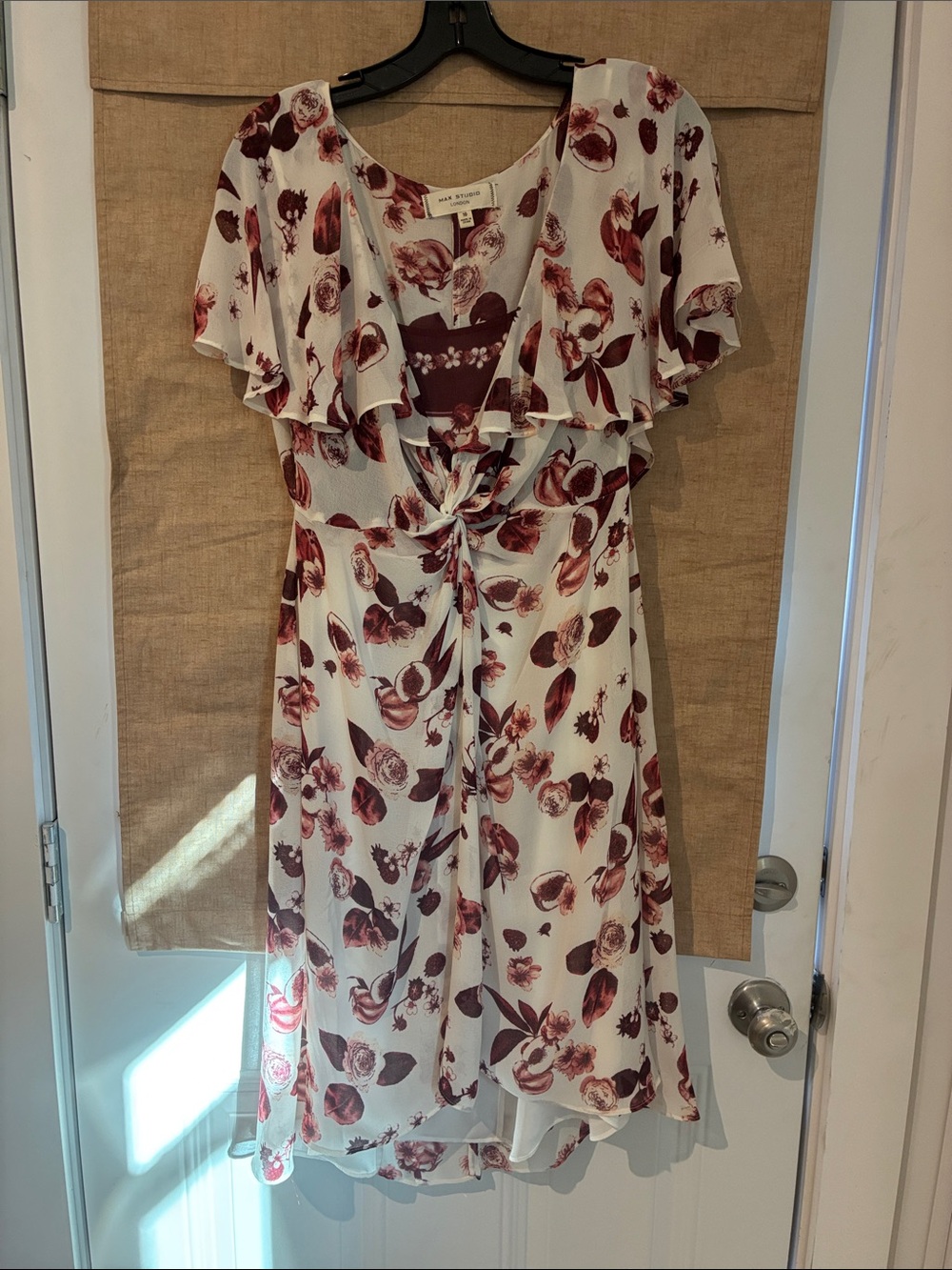 Tie-Front Floral Midi Dress in Cream and Burgundy